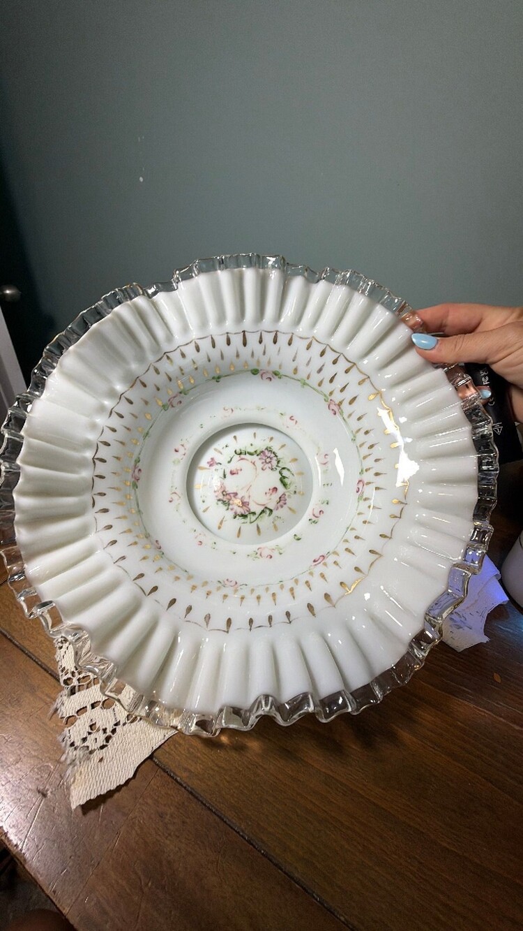 #70 vintage hand-painted Fenton milk glass bowl with a clear crest edge.